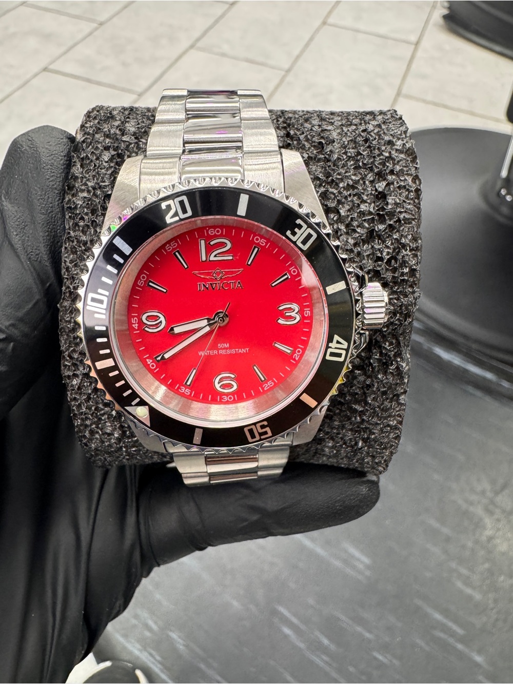 Invicta Men's Silver Stainless Steel Watch with Red Dial and Black Bezel